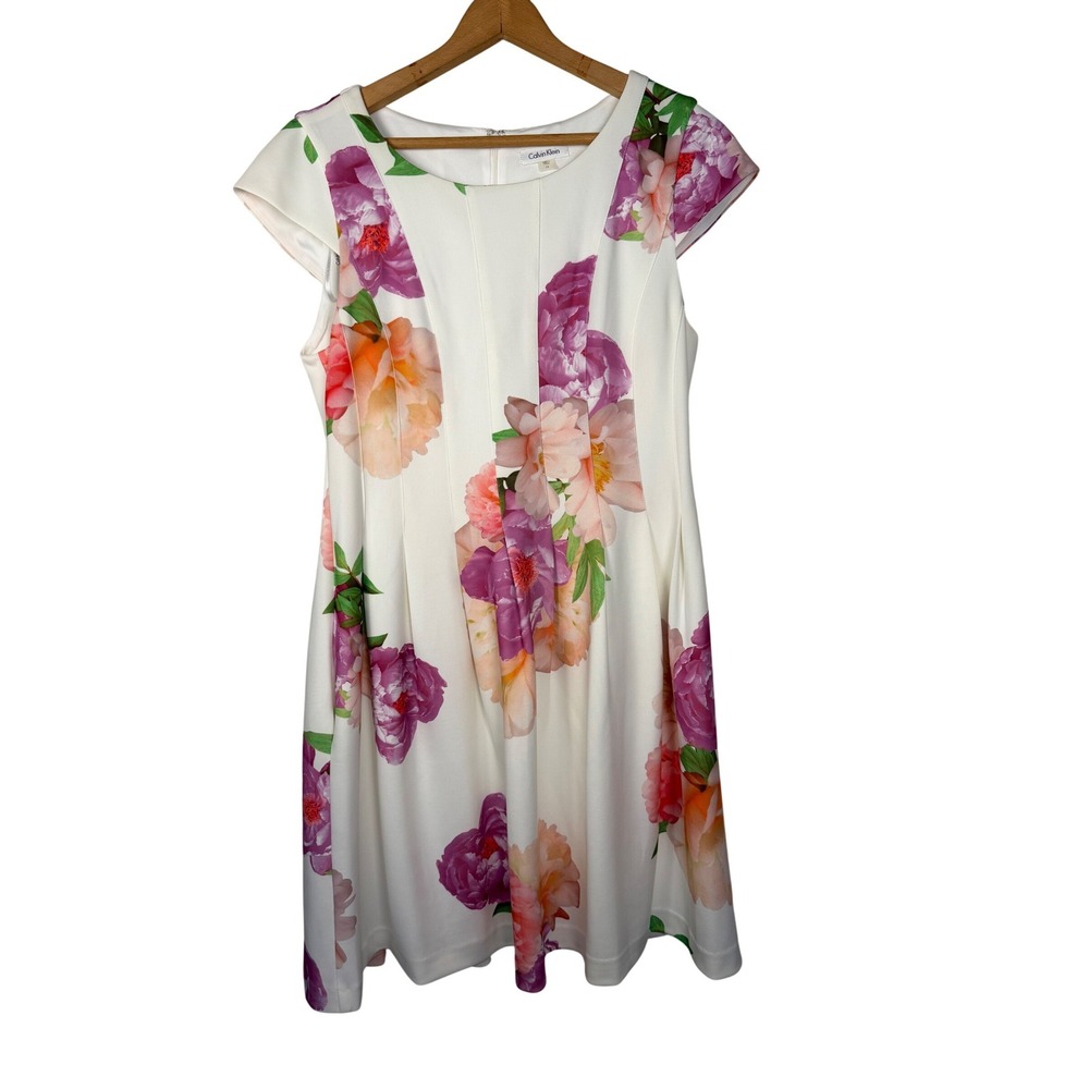 Calvin Klein Floral‎ Sheath Dress Womens 14 White Pink Cap Sleeve Pocketed